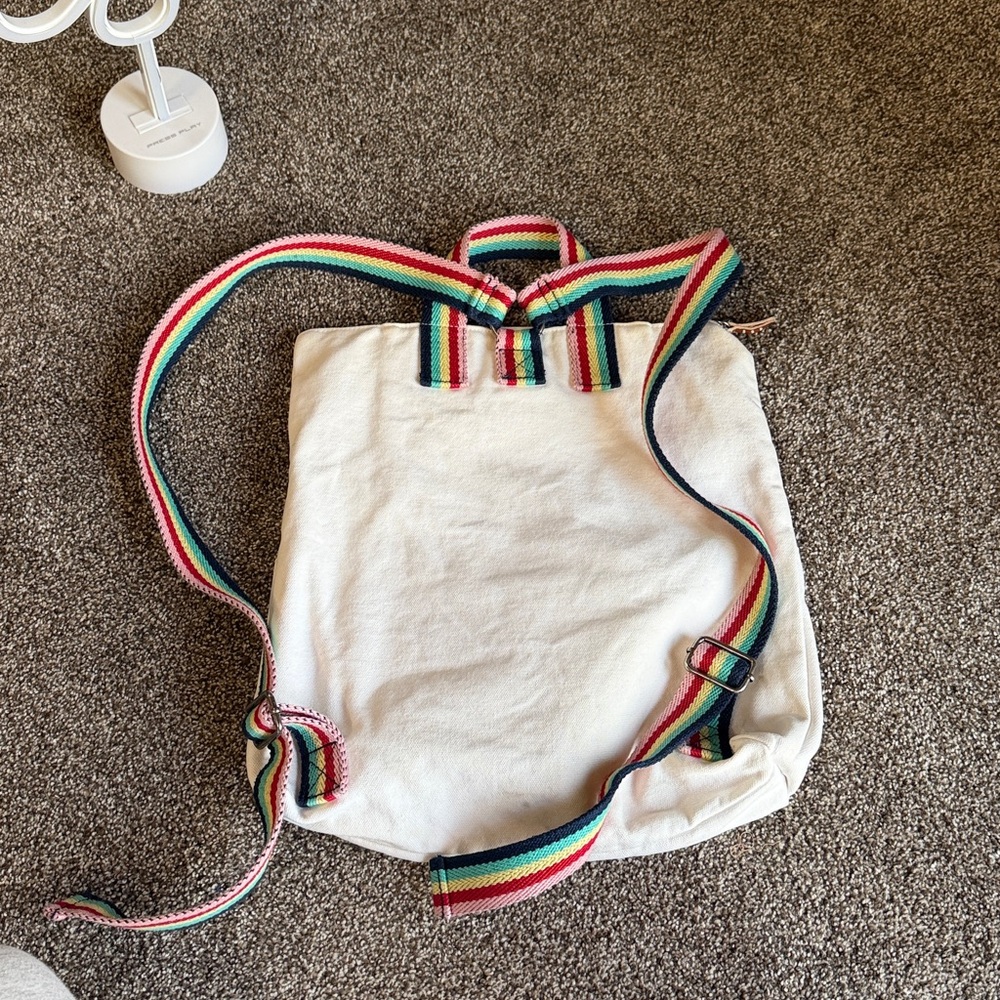 Stylish Cream canvas Backpack with Rainbow Straps